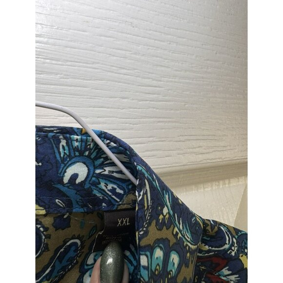 Tasso Elba Mens XXL Paisley Button Up Shirt Blue Tan Cotton Long Sleeve - Picture 6 of 7